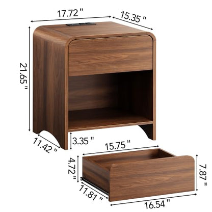 Decofy Walnut Nightstand Set of 2 with Built-In Charging Station, 1 Drawer, Modern Design