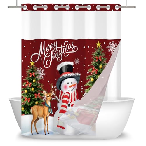 Canessioa Christmas Shower Curtain Set 71x74 Inches with Snap-in Liner - Red Brown