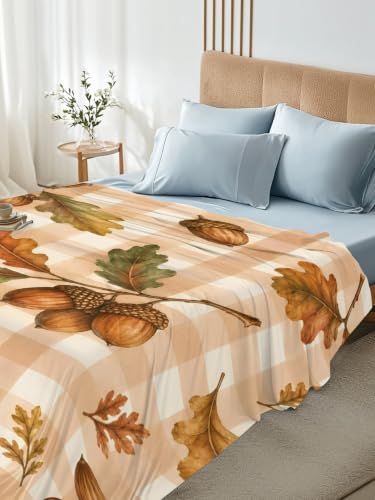 Queen Size Flat Sheet Only - Fall Oak Leaves & Acorns Microfiber Bedding, Beige Gingham Check, Amber Chestnut Variation