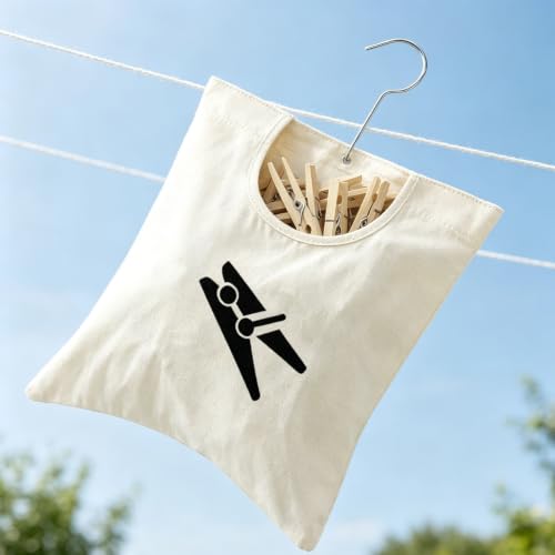 Laundry Clothespin Bag 12.5x11 Inch Canvas Hanging Storage White