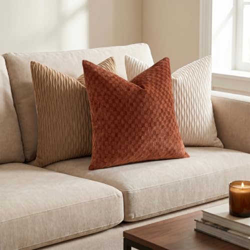 Burnt Orange Chenille Check Throw Pillow Covers Set of 2 20x20 Inch for Farmhouse & Boho Decor