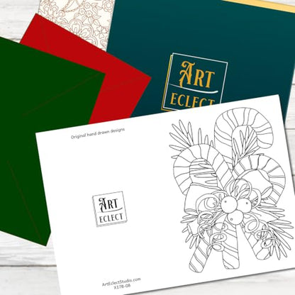 Adult Coloring Christmas Cards Set - Art Eclect 17B Holiday Greeting Cards