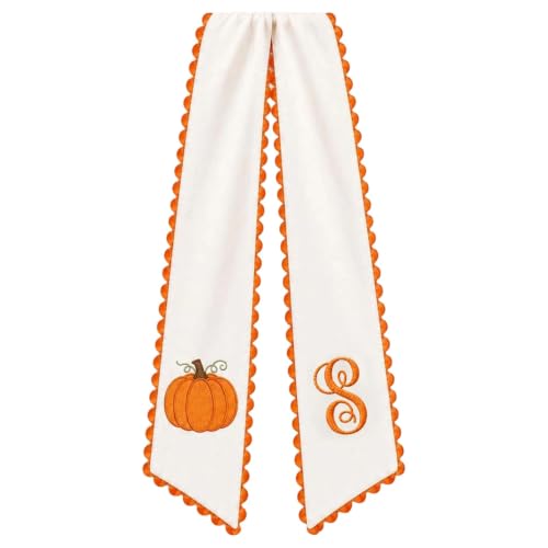 Fall Wreath Sash for Front Door with Embroidered Pumpkin & Scalloped Trim - S Variation