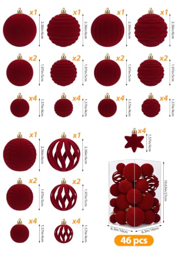 Burgundy Velvet Christmas Ornaments Set - 46pcs Holiday Tree Decorations