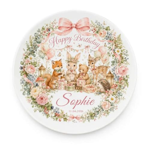 Personalized Girl Happy Birthday Plate with Woodland Animal Design - Custom Name Ceramic Keepsake