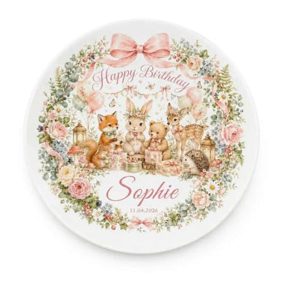 Personalized Girl Happy Birthday Plate with Woodland Animal Design - Custom Name Ceramic Keepsake