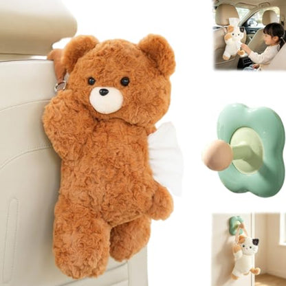 Lying Bear Cat Tissue Box Holder Plush Hanging Napkin Dispenser for Car & Home
