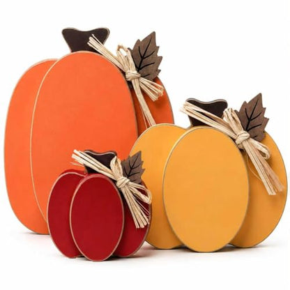 Wooden Pumpkin Fall Decor Set - 3 Rustic Indoor Pumpkins Rich Red Orange Yellow