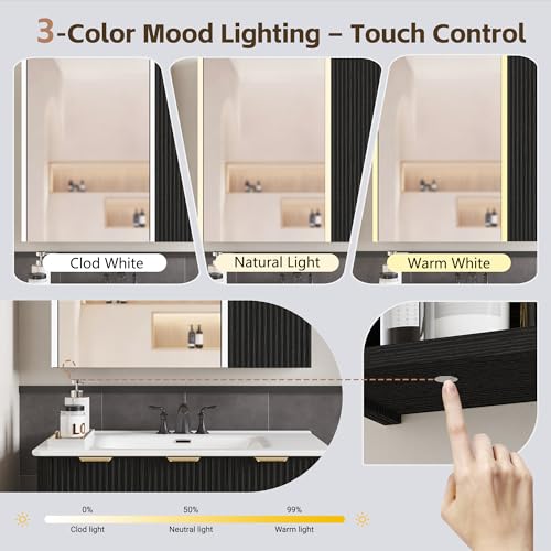 Bathroom Medicine Cabinet with Mirror and LED Lights, 29x28 Black - Wall-Mounted Vanity Storage