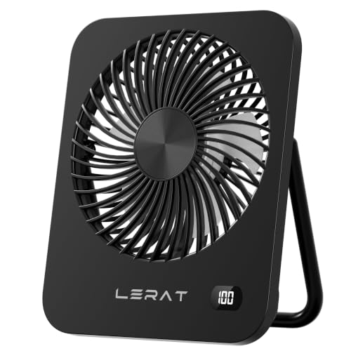 Lerat Portable Desk Fan Black - Rechargeable USB Mini Fan with LED Display, 5 Speeds, Foldable & Ultra-Quiet for Travel & Office