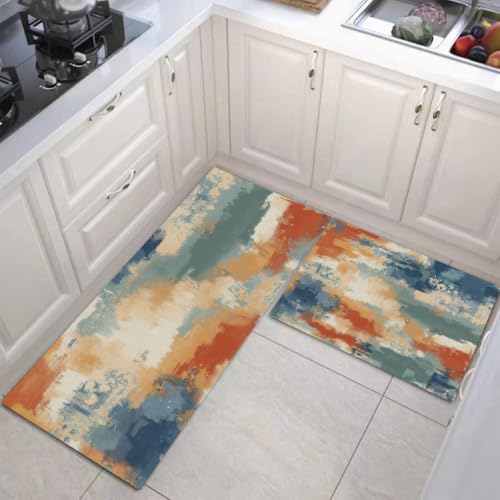 Rust Orange Mottled Washed Color Block Kitchen Rugs Set - Non-Slip, Washable, 2-Piece