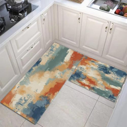 Rust Orange Mottled Washed Color Block Kitchen Rugs Set - Non-Slip, Washable, 2-Piece