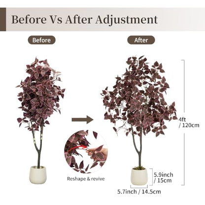 4ft Fall Artificial Tree with Plum Purple Heart-Shaped Leaves and Pot - Porch Decor, Variation of Plum Cimicifuga / 3.9ft