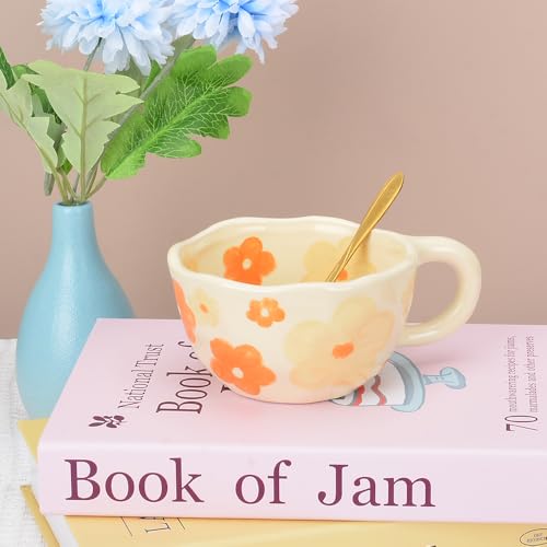 Orange Ceramic Coffee Mug with Flower Spoon, 8oz Handmade Kawaii Teacup