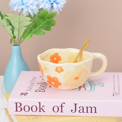 Orange Ceramic Coffee Mug with Flower Spoon, 8oz Handmade Kawaii Teacup