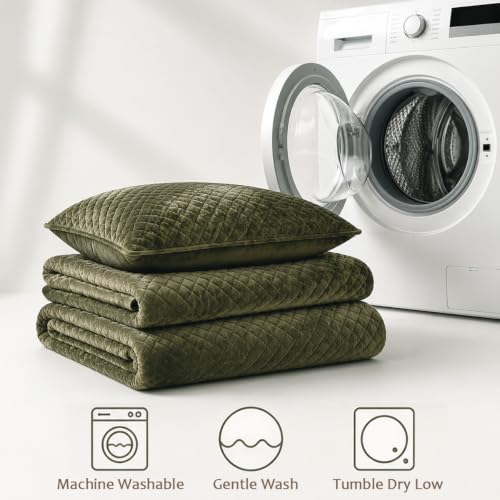 Olive Green Velvet Oversized King Quilt Set 120x128 Bedding Decor
