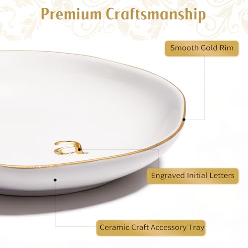 Personalized Ceramic Jewelry Tray - Gold Rim with Engraved Initial, 4.75" Gift for Women - Gold-a