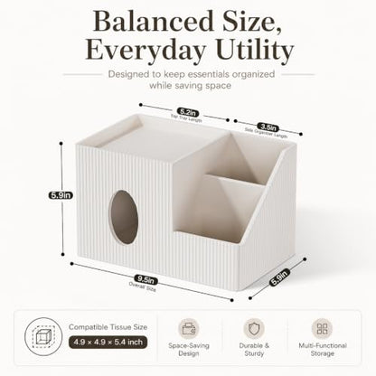 GORESE Leather Square Tissue Box Cover with Storage Tray - Ivory White