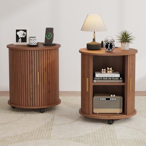 Fluted End Table with Lockable Charging Station, Walnut – 2-Drawer/2 Sockets & USB, Wheels
