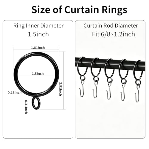 100 Pcs Black Curtain Rings with Hooks for 1.2 Inch Rod - 1.5 Inch Diameter, Black