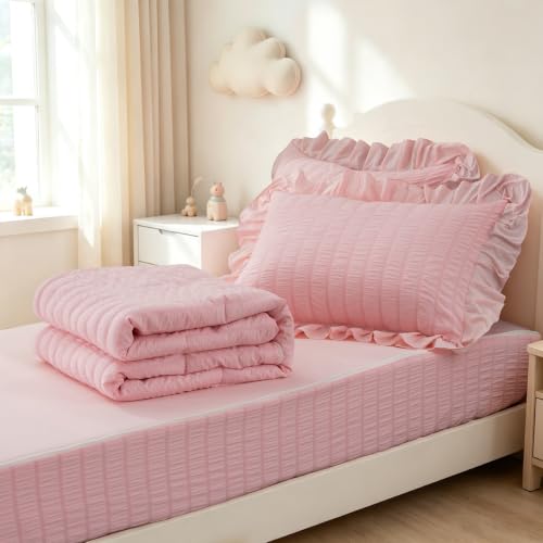Pink Seersucker Zipper Bedding Set for Girls Twin - Farmhouse Comforter