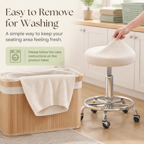 Beige Elastic Linen Textured Round Bar Stool Cover - Fits 10-14 Inches (S)