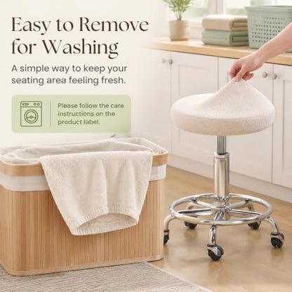 Beige Elastic Linen Textured Round Bar Stool Cover - Fits 10-14 Inches (S)