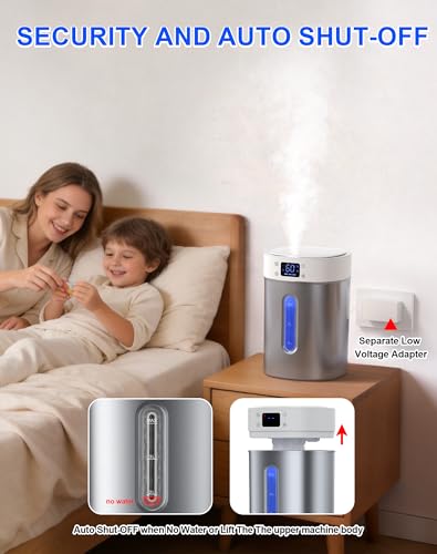 Large Stainless Steel Humidifier for Bedroom and Home, 4L Tank, Night Light & Timer