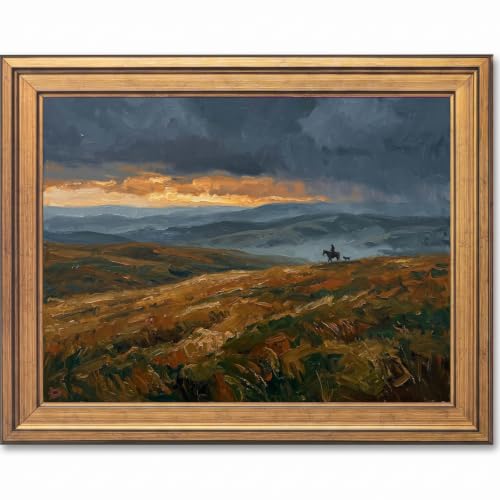 Western Landscape Wall Art with Gold Frame - Moody Horse and Rider Scene - 8 x 10 inches