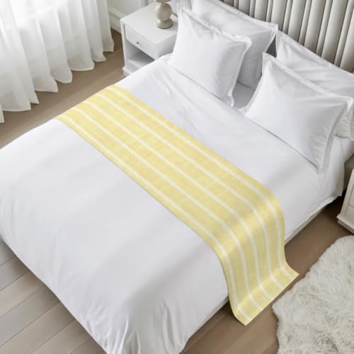 Queen Size Pale Yellow Striped Bed Runner - Modern Minimalist Decor, Satin Finish, 83x20 Inches