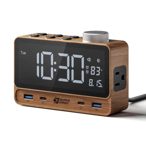Walnut Wood Superdanny Alarm Clock with 20W PD Charging Station, 4 USB & 2 AC Outlets
