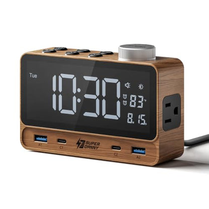 Walnut Wood Superdanny Alarm Clock with 20W PD Charging Station, 4 USB & 2 AC Outlets