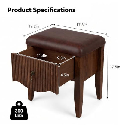Mid-Century Modern Vanity Stool with Storage Drawer, Walnut