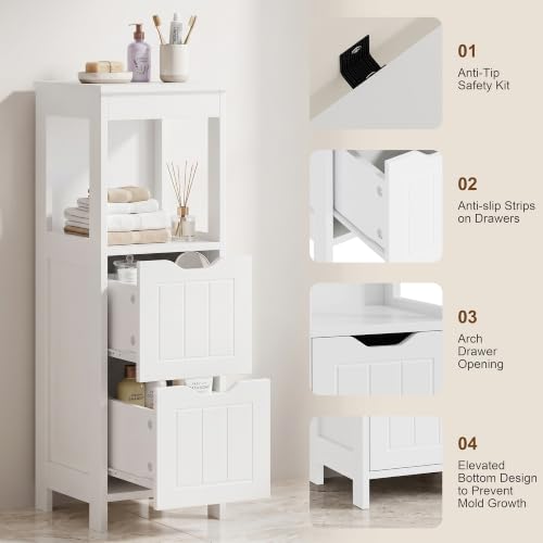 Small Bathroom Storage Cabinet with Drawers & Open Shelf - White - Space-Saving Narrow Design with Farmhouse Style