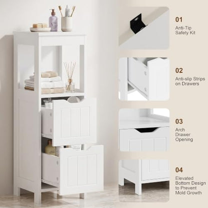 Small Bathroom Storage Cabinet with Drawers & Open Shelf - White - Space-Saving Narrow Design with Farmhouse Style