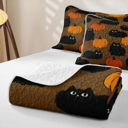 Halloween Black Cat Quilt Set with Orange Accents - King Size Bedding with Pillowcases