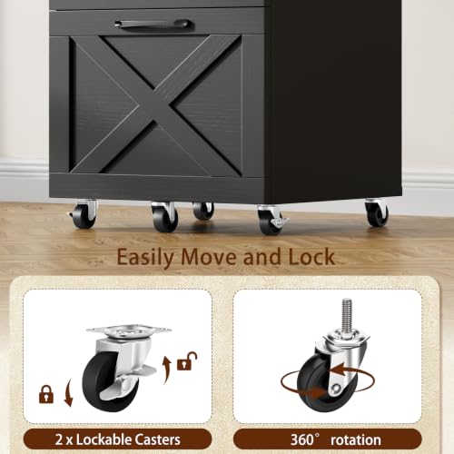 Farmhouse 3-Drawer Tall File Cabinet on Wheels - Black, Space-Saving Storage