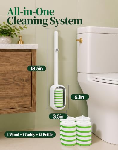 Disposable Toilet Bowl Cleaner Wand Kit with 42 Green Refills - Wall-Mounted, No-Drill