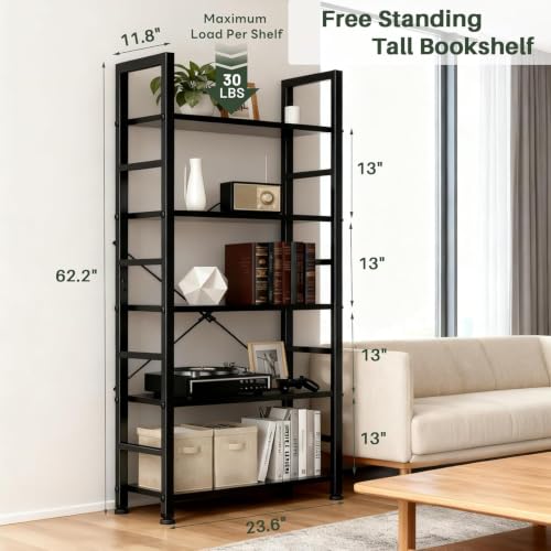 Modern Black 5-Tier Industrial Bookshelf - Free Standing Bookcase with Open Shelves