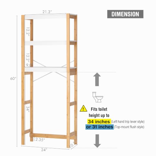 Over Toilet Storage Shelf with Bamboo Frame - 3 Tiers White Bathroom Organizer