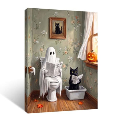 Halloween Ghost Cat Bathroom Wall Art Canvas Print - Framed Decorative Picture 16x12 in