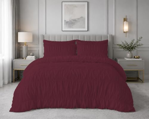Queen Size Egyptian Cotton Duvet Cover Set with Zipper & Corner Ties - Wine - 3 Piece Ruched Bedding