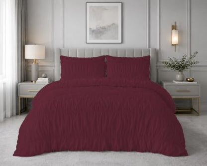 Queen Size Egyptian Cotton Duvet Cover Set with Zipper & Corner Ties - Wine - 3 Piece Ruched Bedding