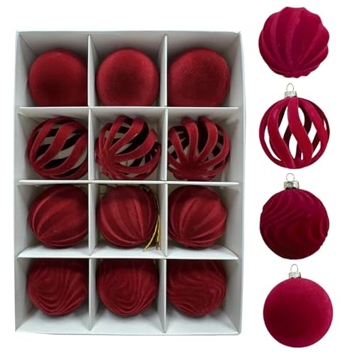 Red Velvet Flocked Christmas Balls Set - 12PCS 2.2-Inch Holiday Ornaments