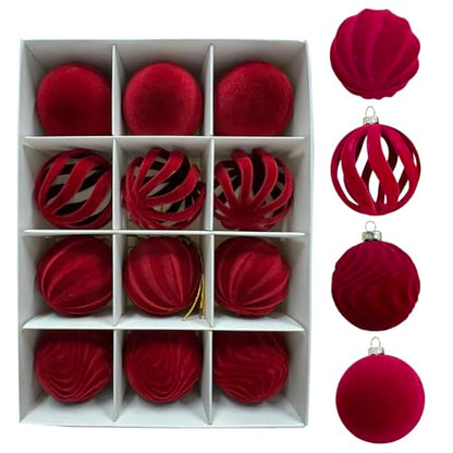 Red Velvet Flocked Christmas Balls Set - 12PCS 2.2-Inch Holiday Ornaments