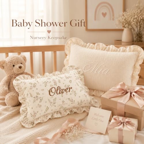 Personalized Nursery Name Pillow with Ruffle Edge - Custom Embroidered Toddler Cushion