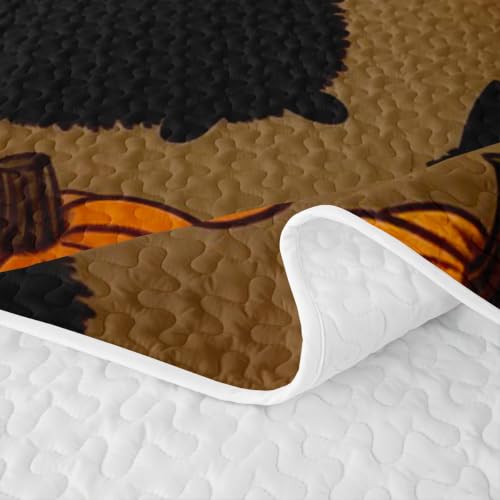 Halloween Black Cat Quilt Set with Orange Accents - King Size Bedding with Pillowcases