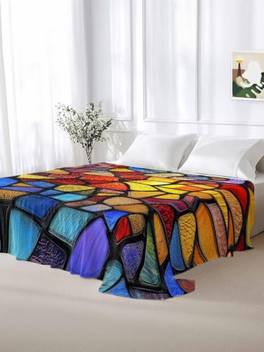 King Flat Sheet Multi Blue Stained Glass Gradient Microfiber Cooling Bedding