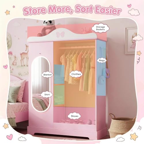 Kids Lighted Mirror Armoire - Pink Dress-Up Closet with Jewelry Storage