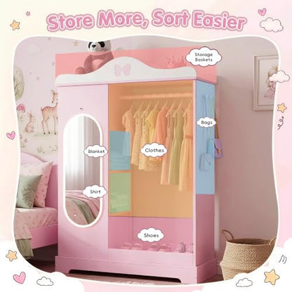 Kids Lighted Mirror Armoire - Pink Dress-Up Closet with Jewelry Storage